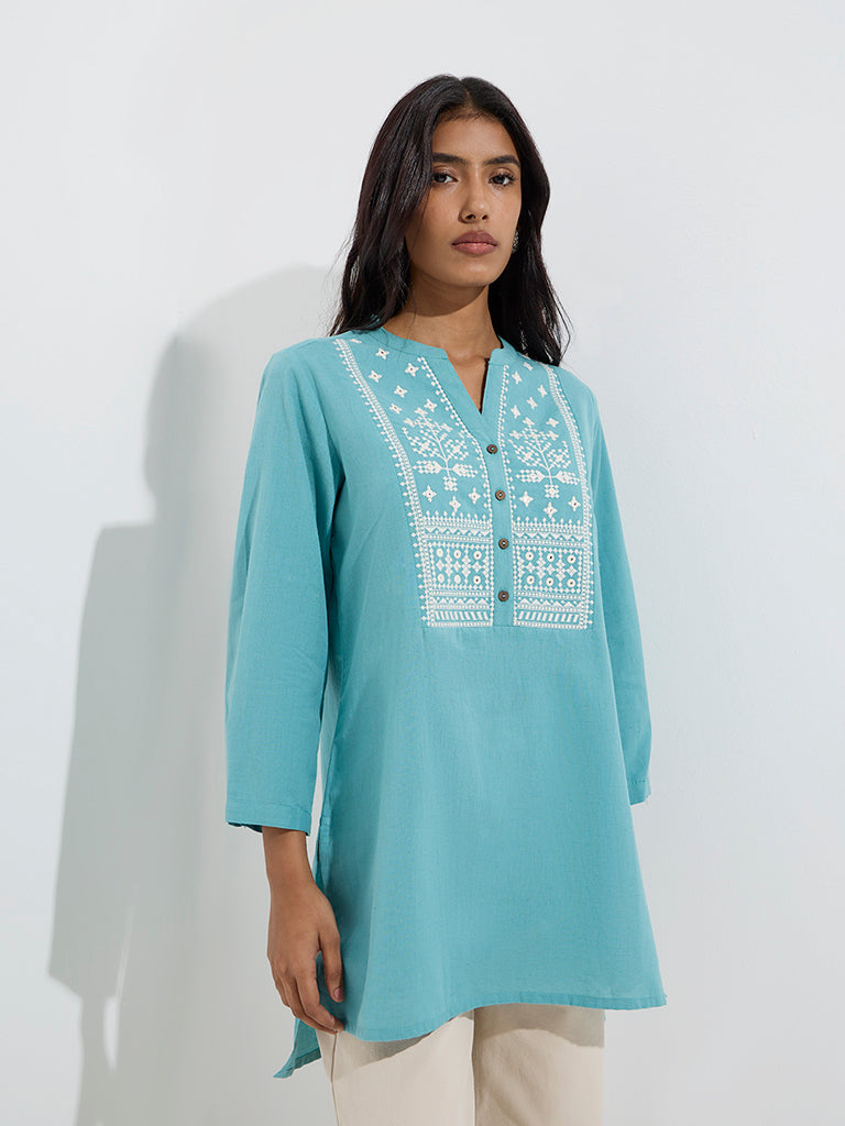 Utsa Aqua Embroidered Cotton-Blend Tunic - Image 2