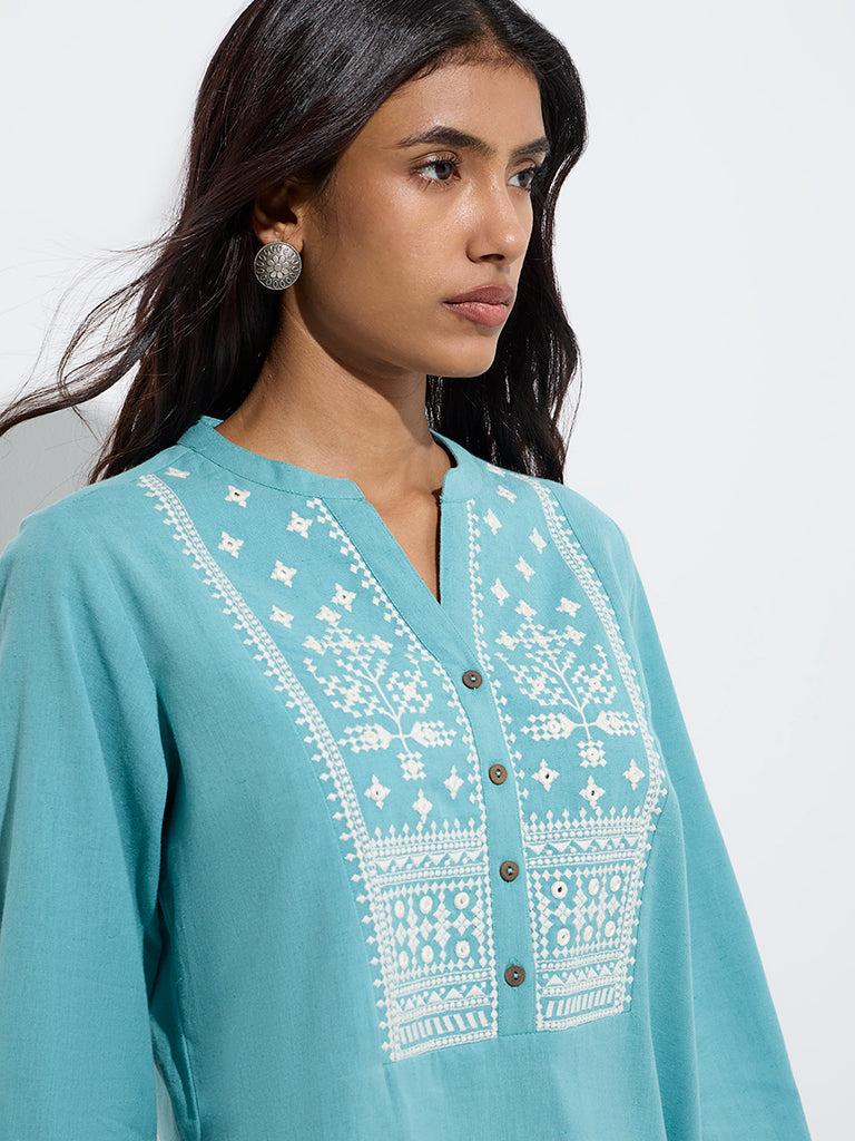 Utsa Aqua Embroidered Cotton-Blend Tunic - Image 3