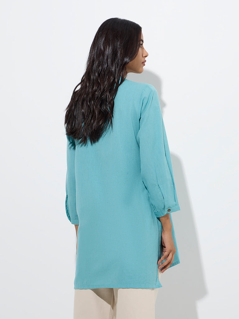Utsa Aqua Embroidered Cotton-Blend Tunic - Image 4