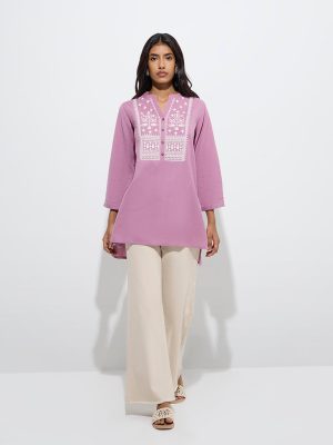Utsa Lilac Embroidered Cotton-Blend Tunic