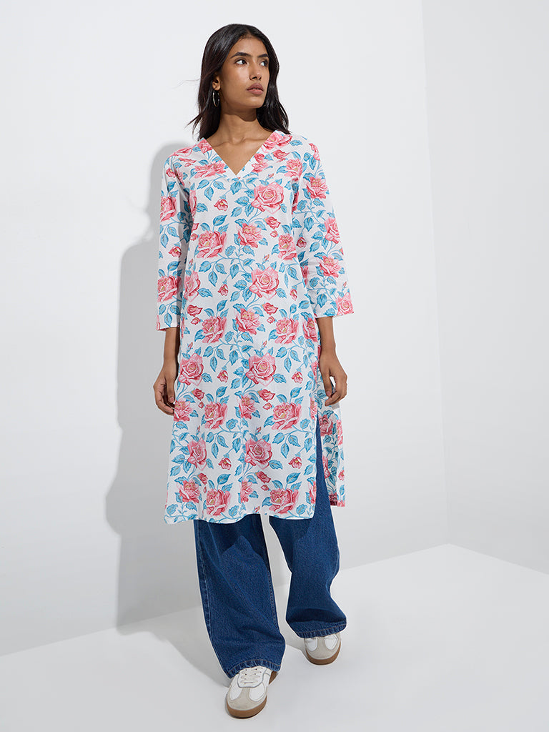 Utsa Multicolour Floral Design Cotton Straight Kurta