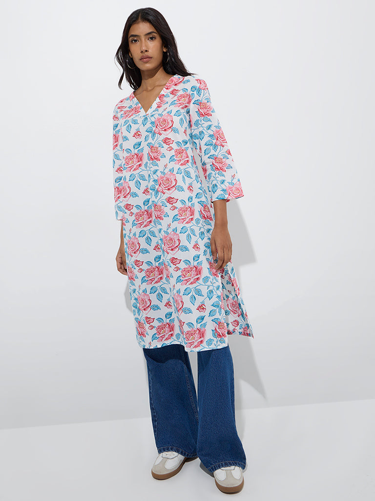 Utsa Multicolour Floral Design Cotton Straight Kurta - Image 2