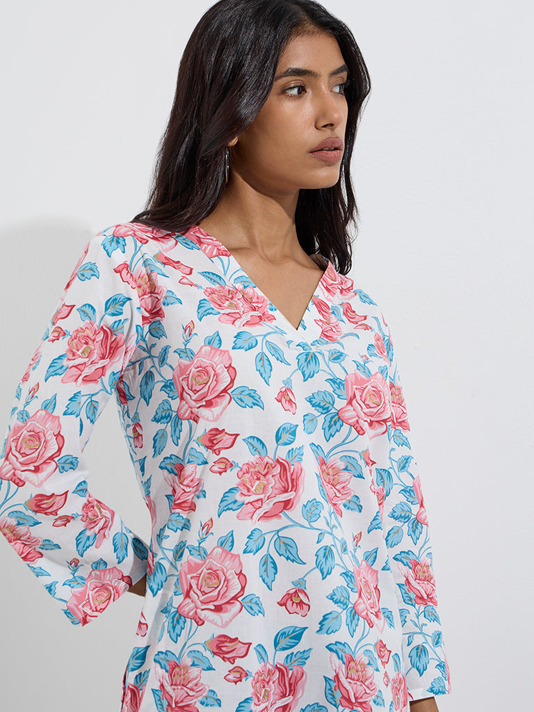 Utsa Multicolour Floral Design Cotton Straight Kurta - Image 3