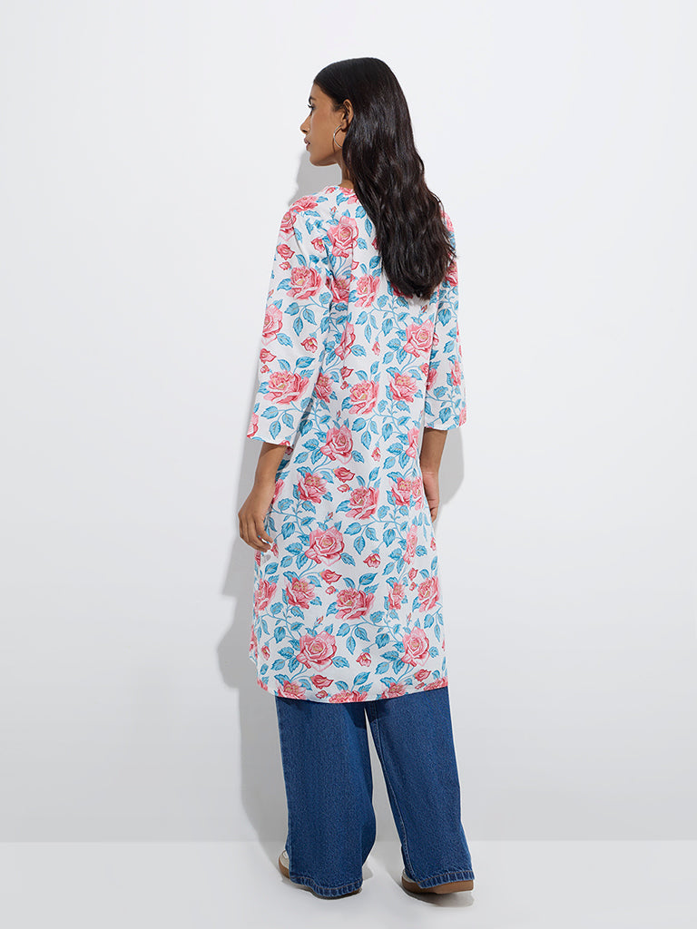 Utsa Multicolour Floral Design Cotton Straight Kurta - Image 4