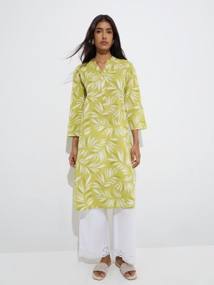 Utsa Green Leaf Printed Cotton Straight Kurta
