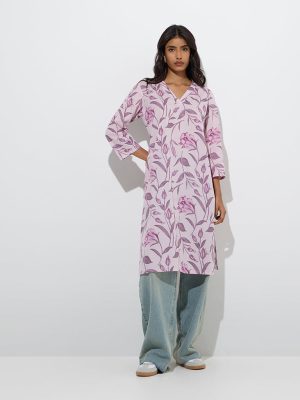 Utsa Lilac Botanical Printed Cotton Straight Kurta
