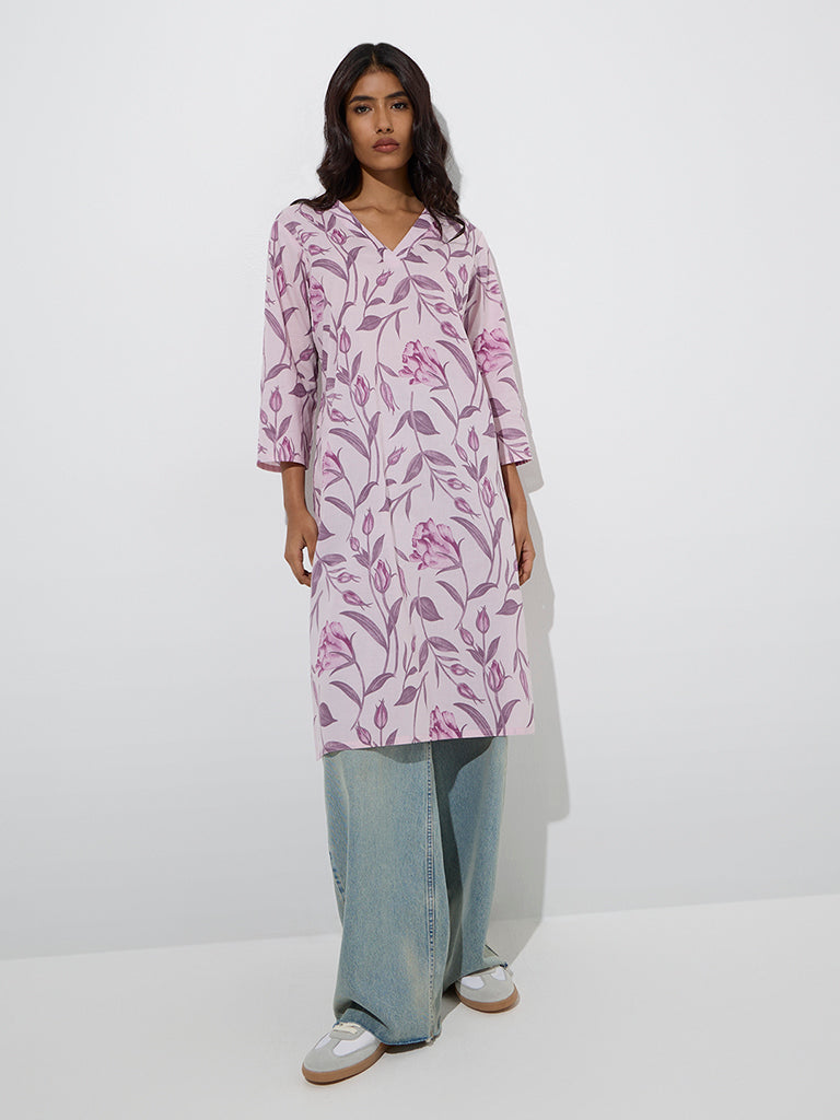 Utsa Lilac Botanical Printed Cotton Straight Kurta - Image 2