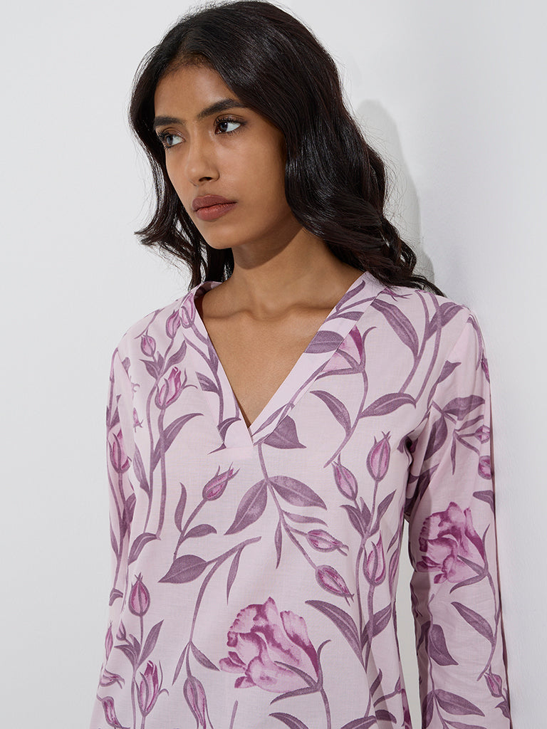 Utsa Lilac Botanical Printed Cotton Straight Kurta - Image 3