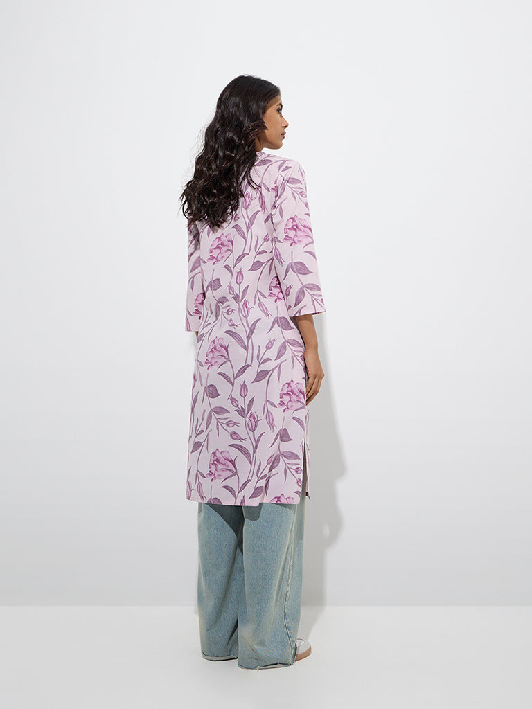 Utsa Lilac Botanical Printed Cotton Straight Kurta - Image 4