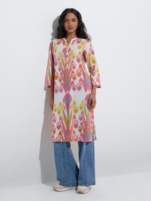 Utsa Pink Ikat Printed Straight Kurta
