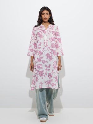 Utsa Lilac Floral Detailed Straight Cotton Kurta