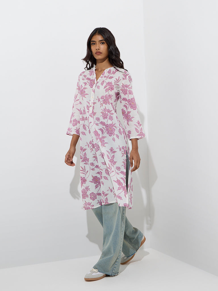 Utsa Lilac Floral Detailed Straight Cotton Kurta - Image 2