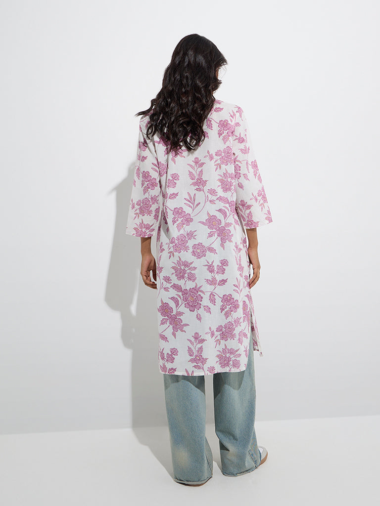 Utsa Lilac Floral Detailed Straight Cotton Kurta - Image 4