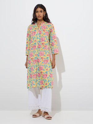 Utsa Yellow Floral Printed Cotton Straight Kurta
