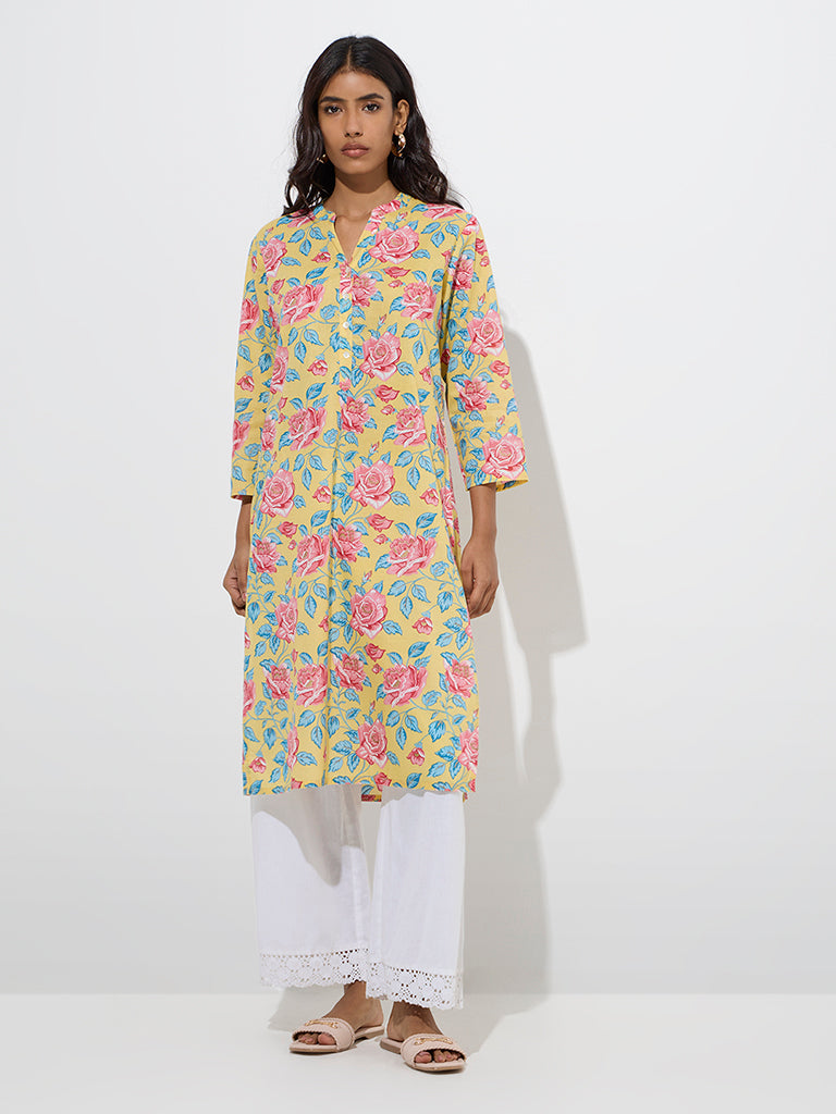 Utsa Yellow Floral Printed Cotton Straight Kurta