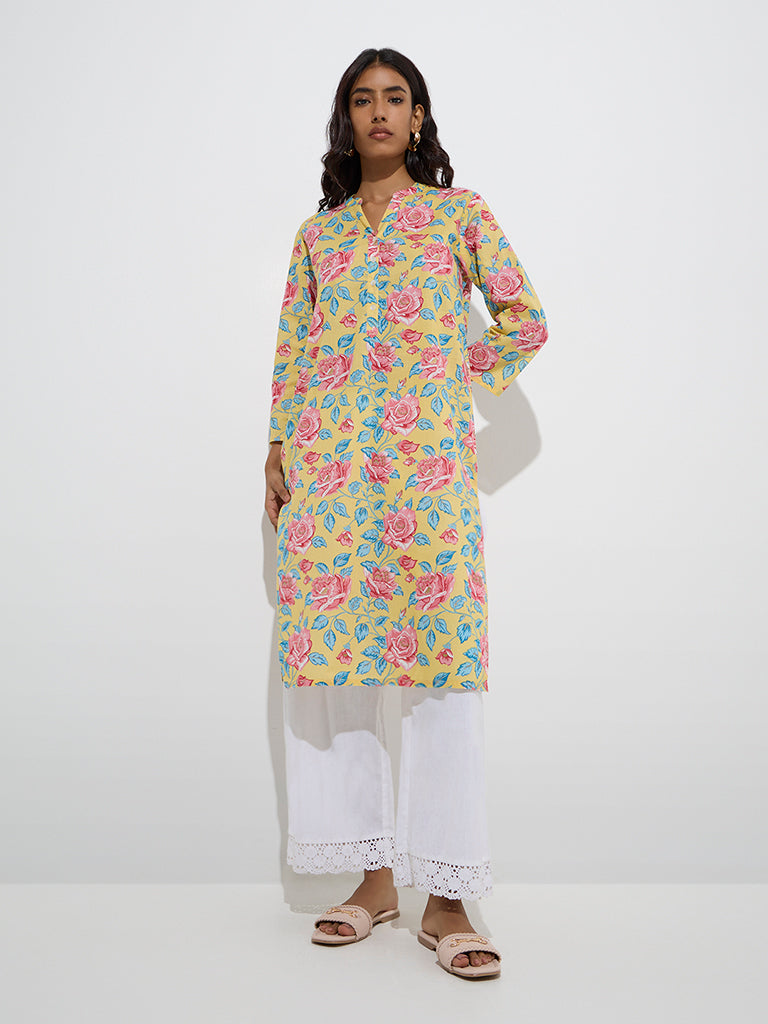 Utsa Yellow Floral Printed Cotton Straight Kurta - Image 2