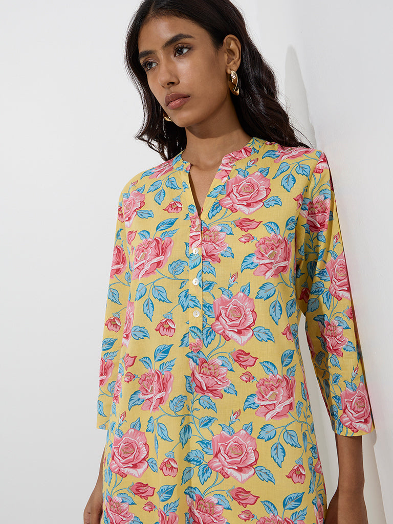 Utsa Yellow Floral Printed Cotton Straight Kurta - Image 3