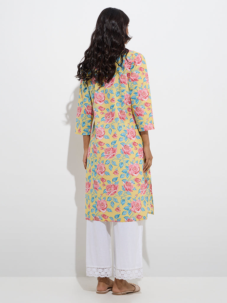 Utsa Yellow Floral Printed Cotton Straight Kurta - Image 4