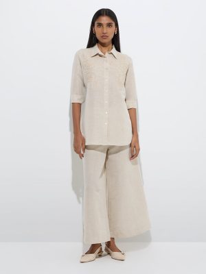 Zuba Beige Floral Embroidered Linen-Blend Tunic