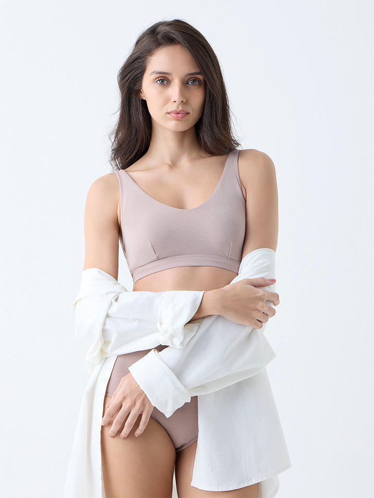 Wunderlove Beige Solid Padded Cotton-Blend Bra