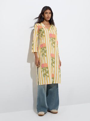 Utsa Yellow Striped Cotton Straight Kurta