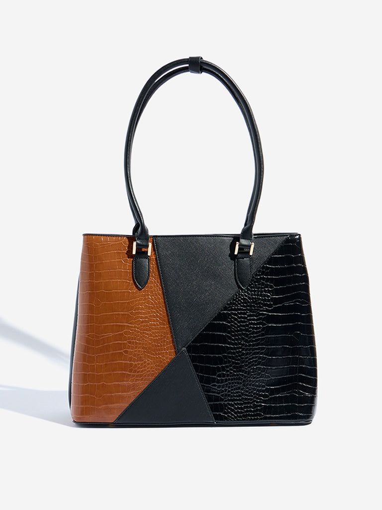 Westside Black Colour-Blocked Textured Tote Bag