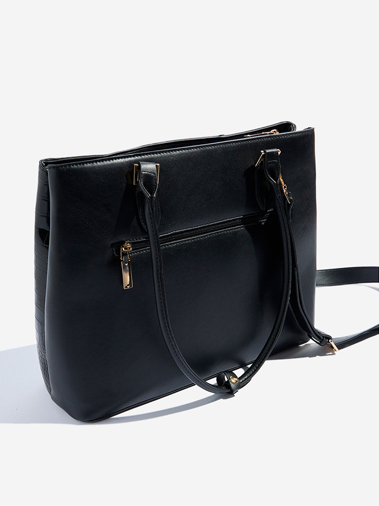 Westside Black Colour-Blocked Textured Tote Bag - Image 2