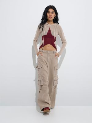 Nuon Beige Cargo-Style Relaxed-Fit High-Rise Jeans