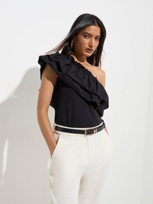 Wardrobe Black Ruffle One-Shoulder Cotton-Blend Top