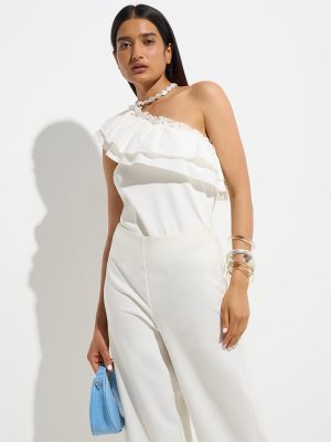 Wardrobe White Ruffle One Shoulder Cotton-Blend Top