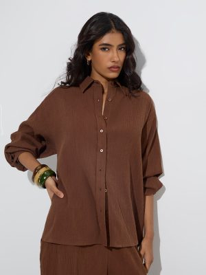 LOV Brown Crinkle-Textured Cotton-Blend Shirt