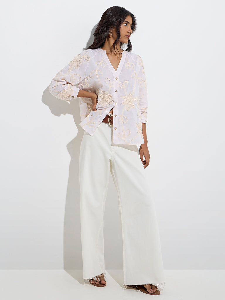 LOV Off-White Floral Detailed Cotton Blouse - Image 2