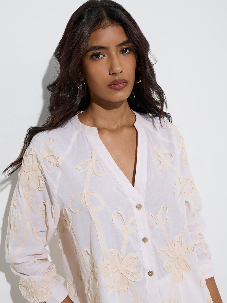 LOV Off-White Floral Detailed Cotton Blouse - Image 3