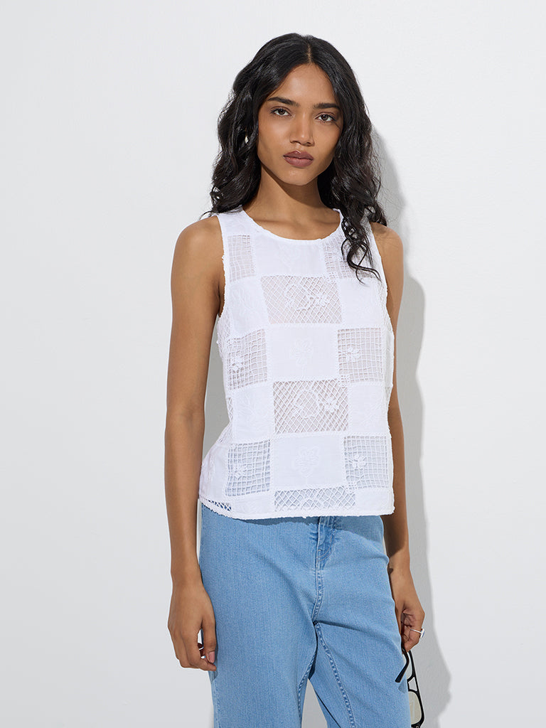 LOV White Crochet-Detailed Cotton Top