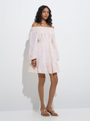 LOV Off-White Floral Cotton Off-Shoulder Dress