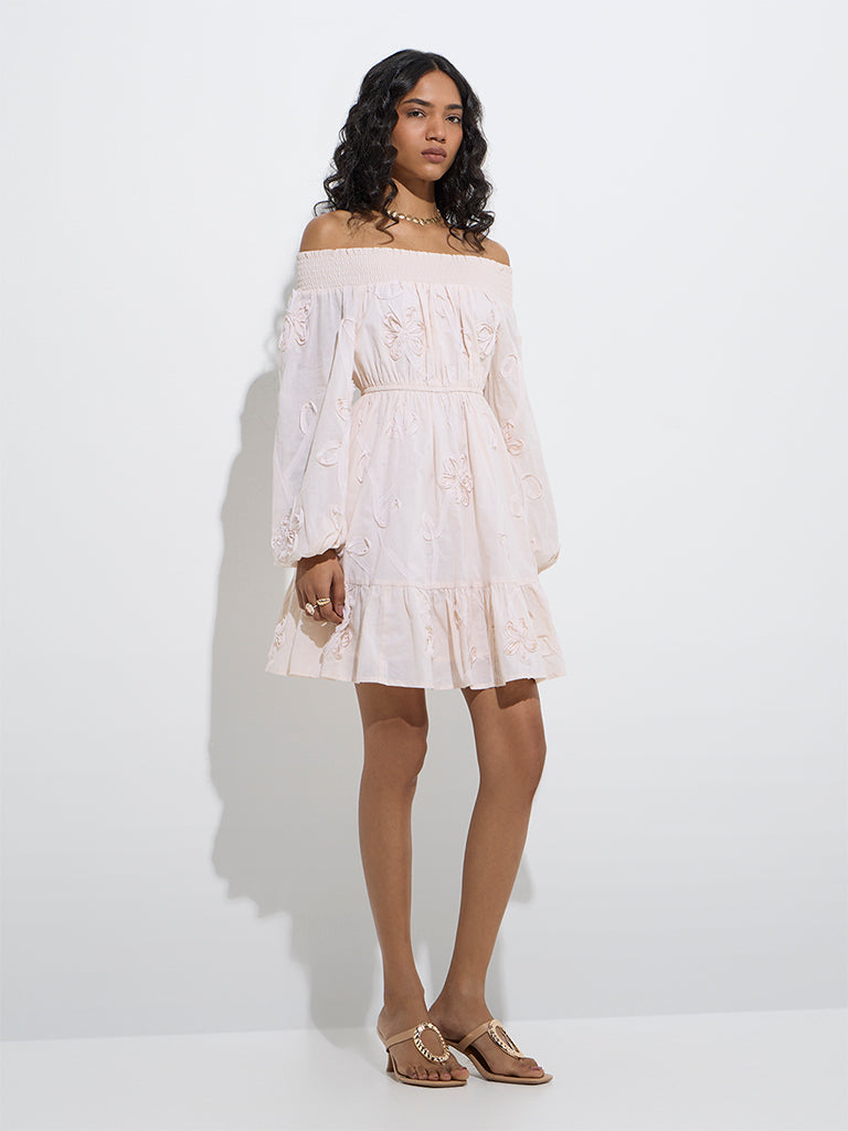 LOV Off-White Floral Cotton Off-Shoulder Dress