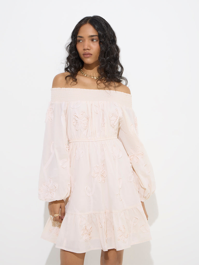 LOV Off-White Floral Cotton Off-Shoulder Dress - Image 2