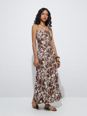 LOV Dark Brown Botanical Design A-Line Dress