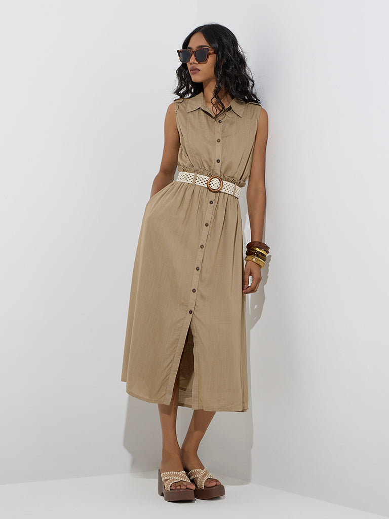 LOV Khaki Solid Linen Shirt Dress with Belt