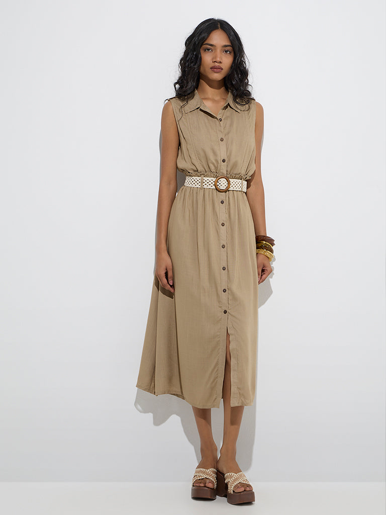 LOV Khaki Solid Linen Shirt Dress with Belt - Image 2