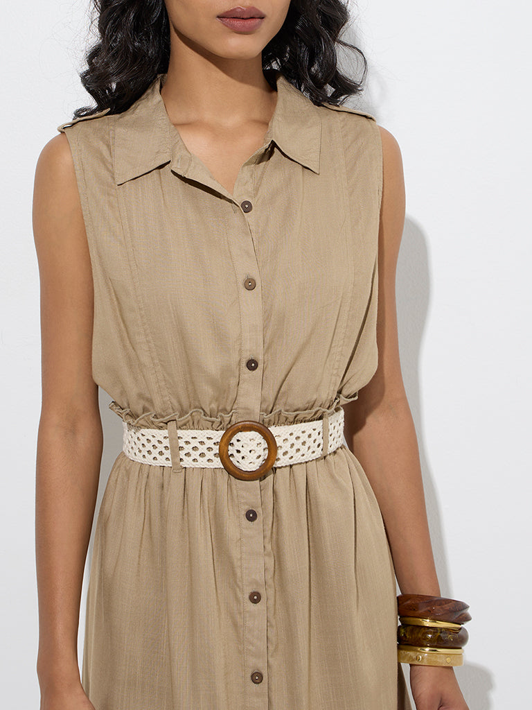 LOV Khaki Solid Linen Shirt Dress with Belt - Image 3