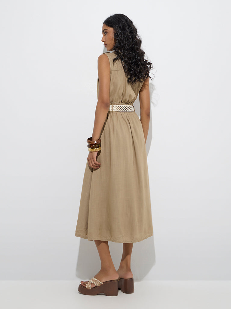 LOV Khaki Solid Linen Shirt Dress with Belt - Image 4