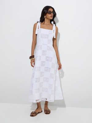 LOV White Crochet-Detailed Cotton A-Line Dress