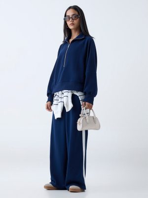 LOV Navy Ribbed-Textured Quarter-Zip Sweatshirt