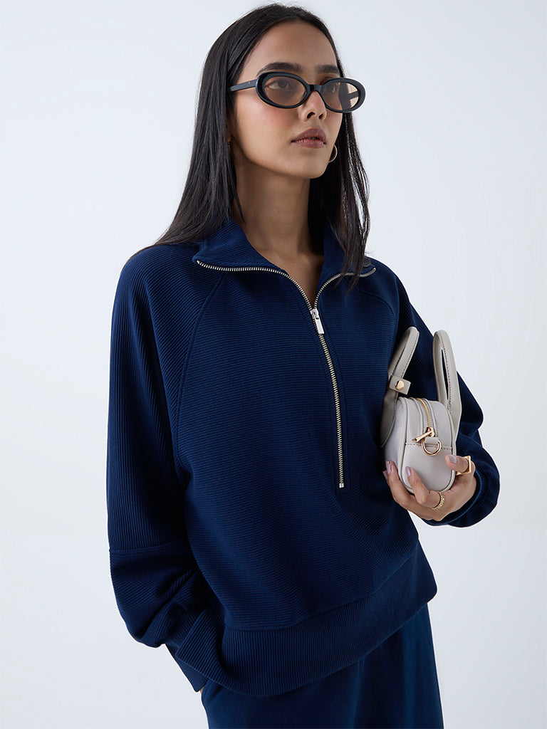 LOV Navy Ribbed-Textured Quarter-Zip Sweatshirt - Image 2