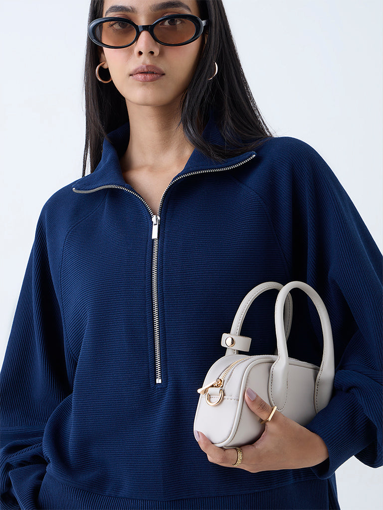 LOV Navy Ribbed-Textured Quarter-Zip Sweatshirt - Image 3