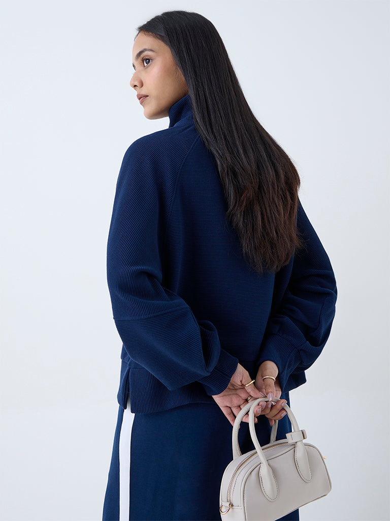 LOV Navy Ribbed-Textured Quarter-Zip Sweatshirt - Image 4