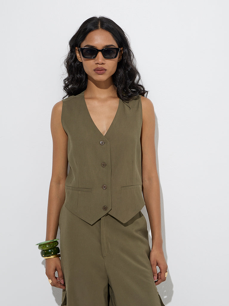 LOV Olive Solid Waistcoat-Style Top