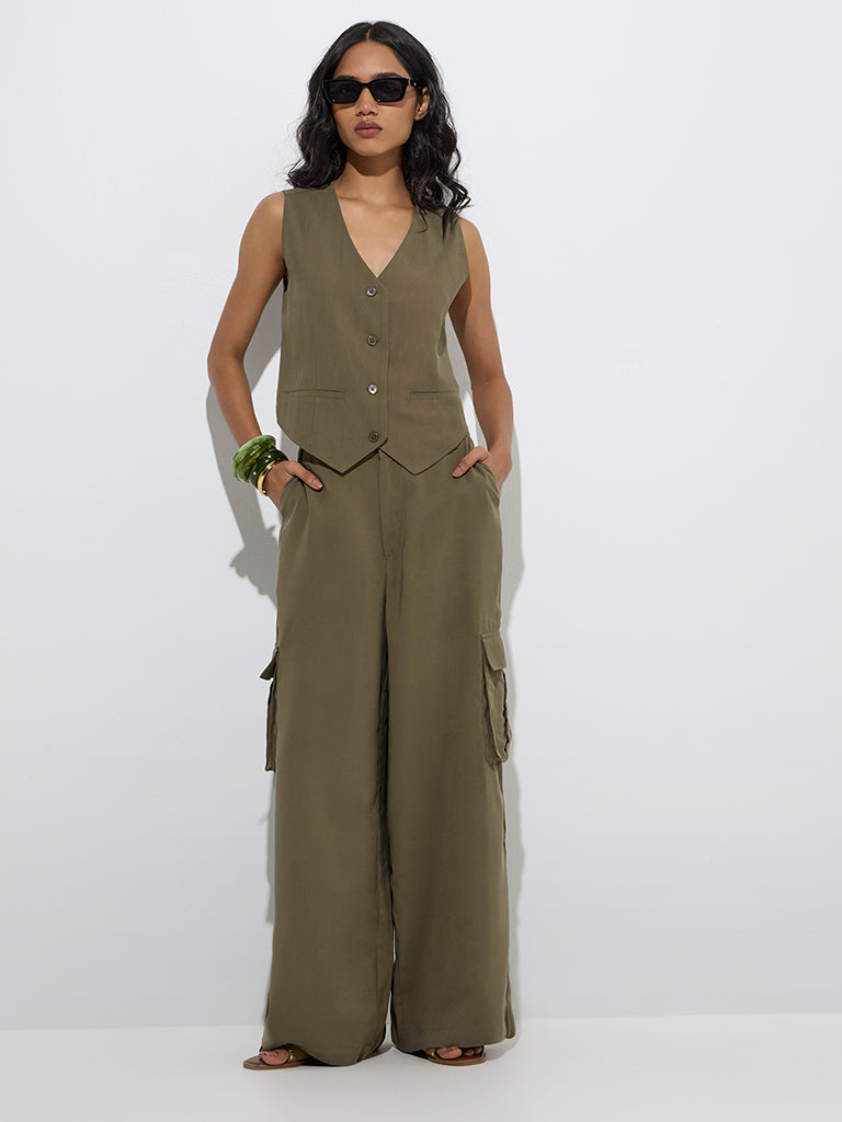 LOV Olive Solid Waistcoat-Style Top - Image 2