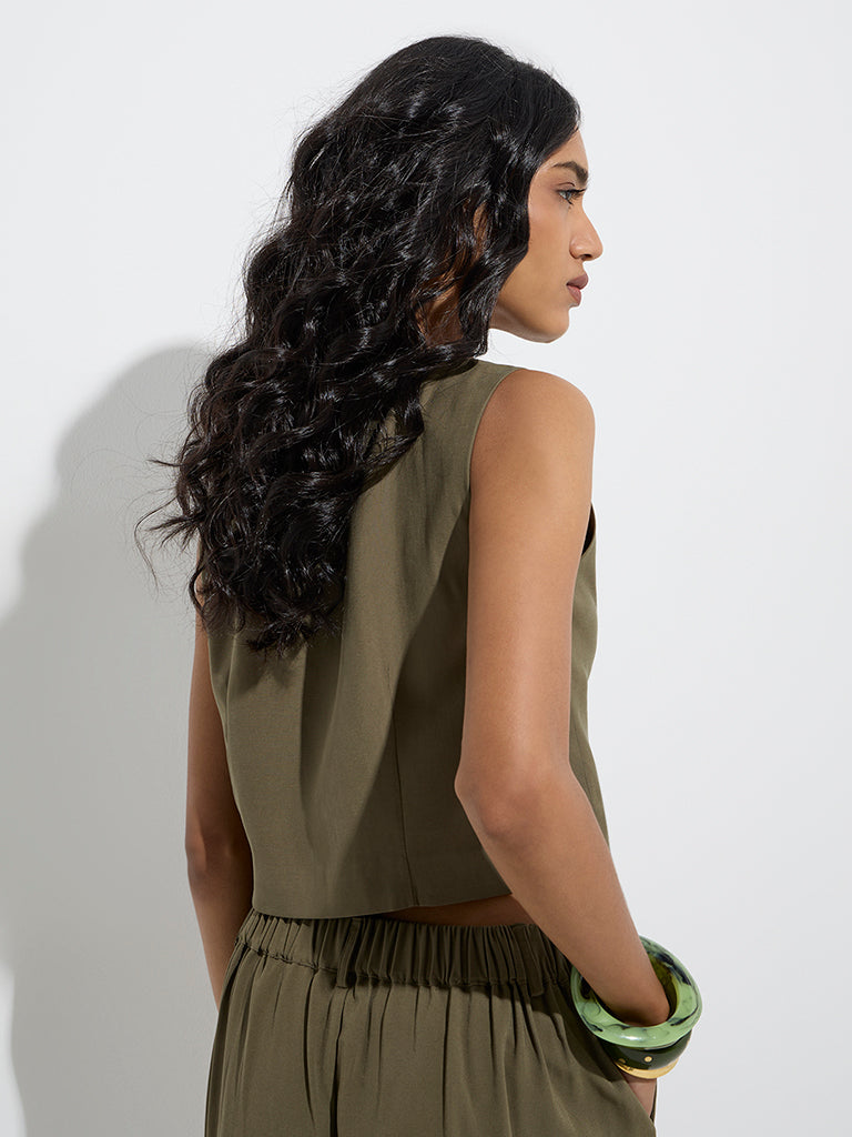 LOV Olive Solid Waistcoat-Style Top - Image 4